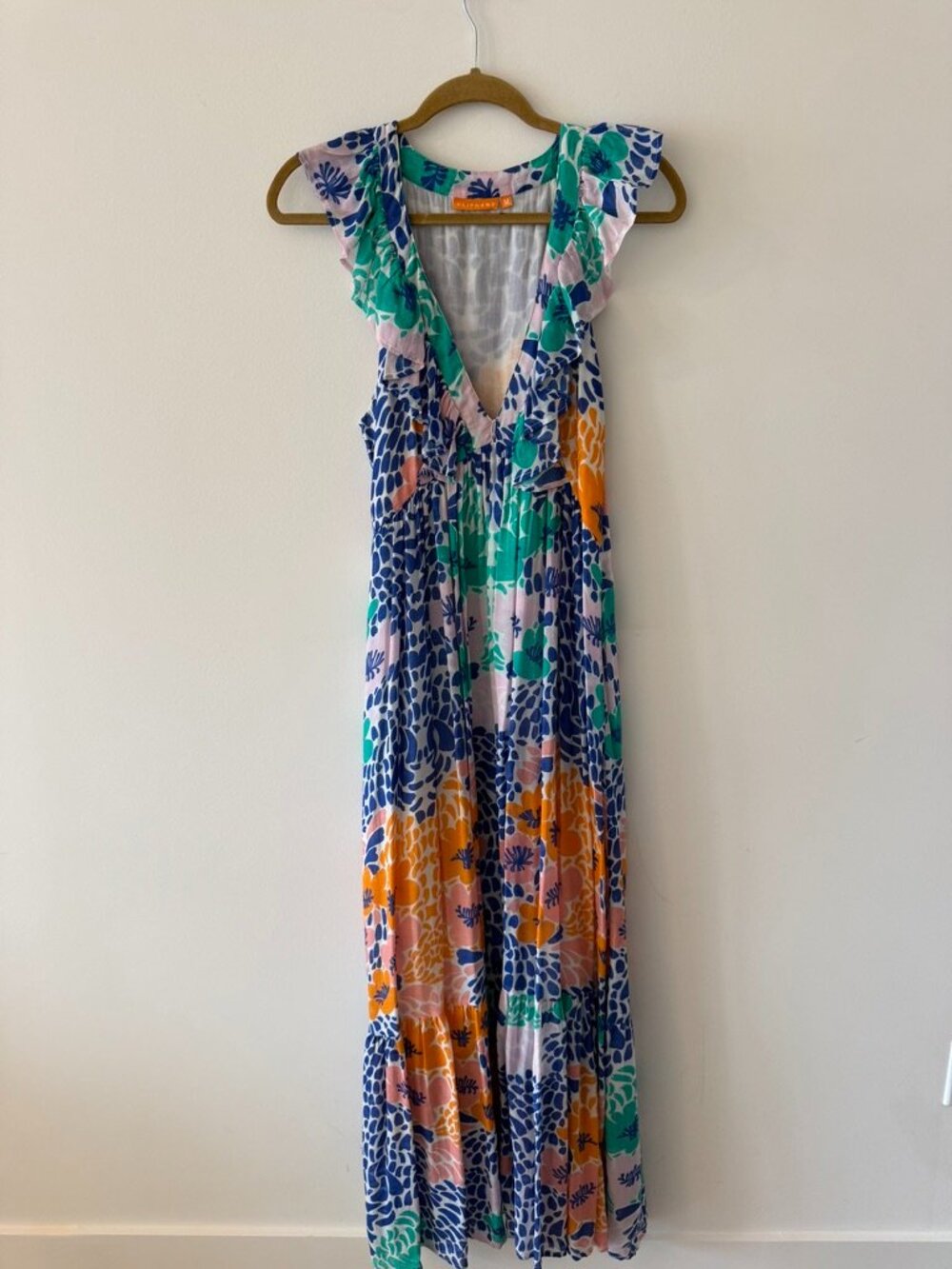 Oliphant Blue and Orange Printed Ruffle Flowy Maxi Dress Size Medium